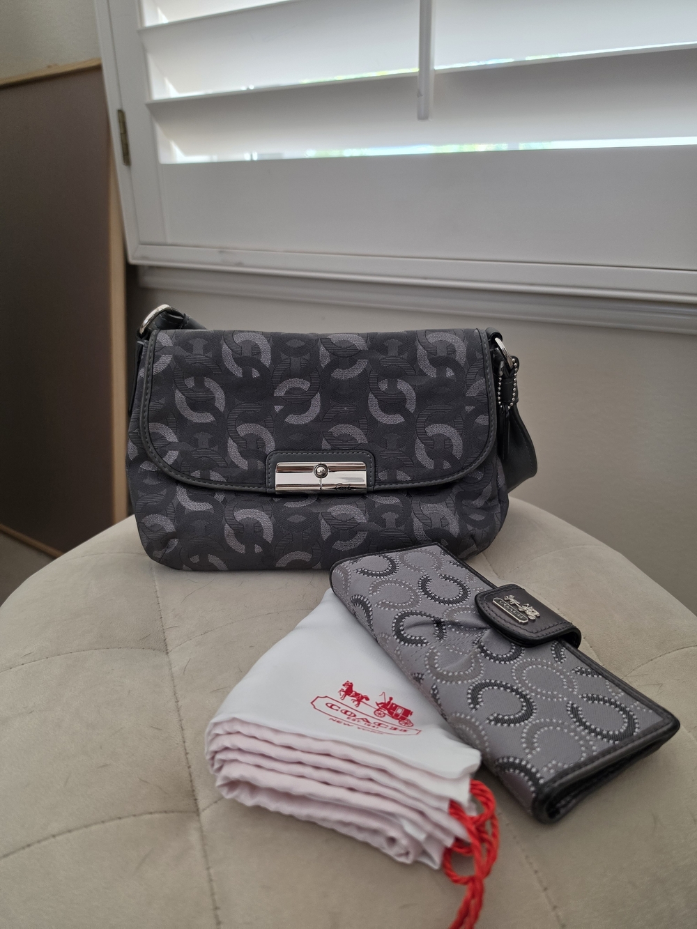 Coach Gray Signature Flap Shoulder Bag with Matching Wallet